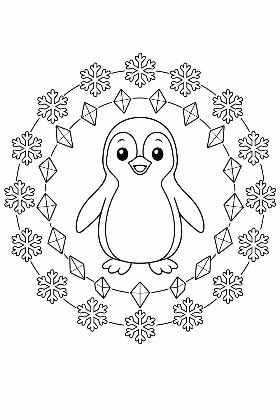 A penguin stands inside rings of snowflakes and diamond-shaped ice crystals.