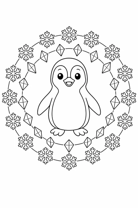 A penguin stands inside rings of snowflakes and diamond-shaped ice crystals.