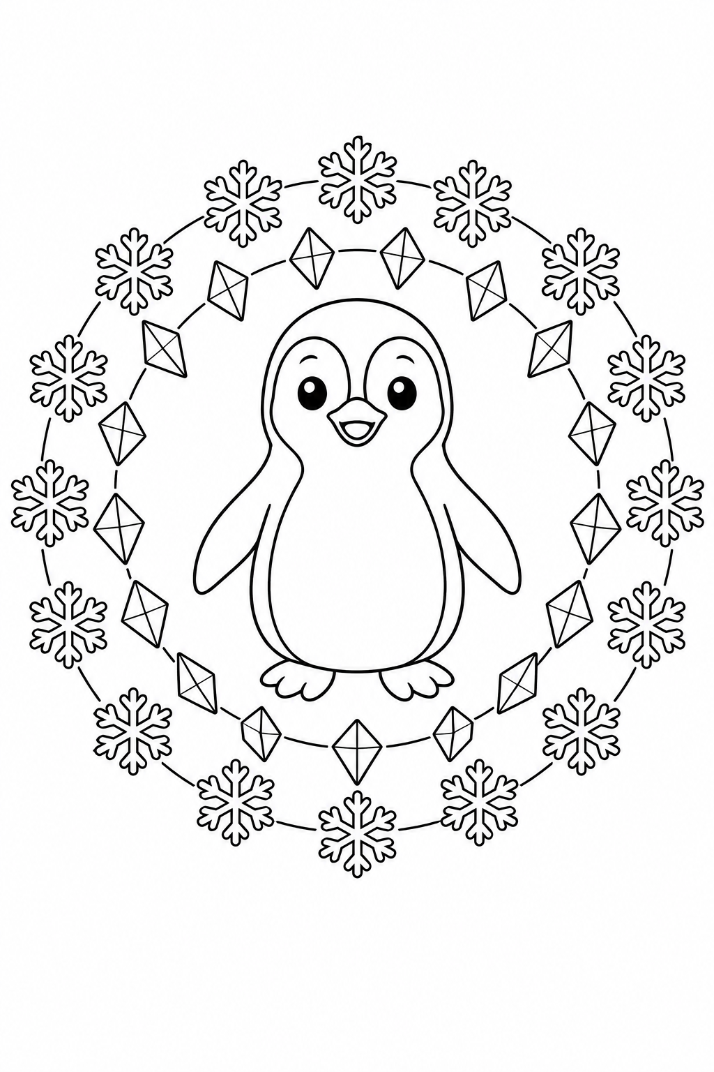 A penguin stands inside rings of snowflakes and diamond-shaped ice crystals.