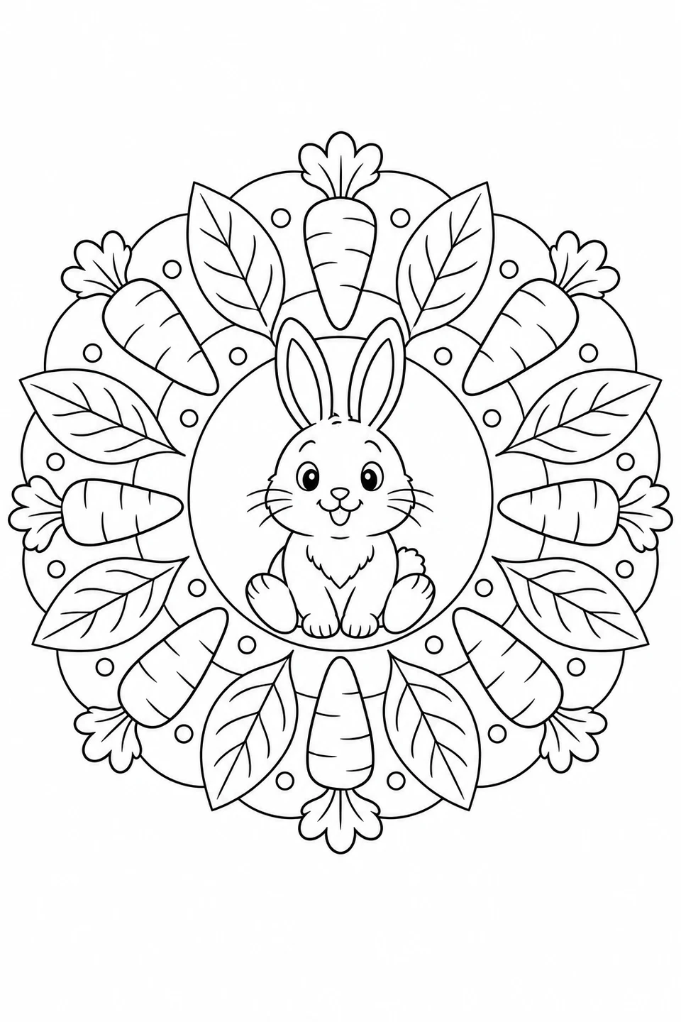 A seated rabbit is surrounded by a repeating circle of carrots and leaves.