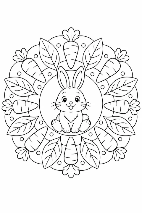 A seated rabbit is surrounded by a repeating circle of carrots and leaves.