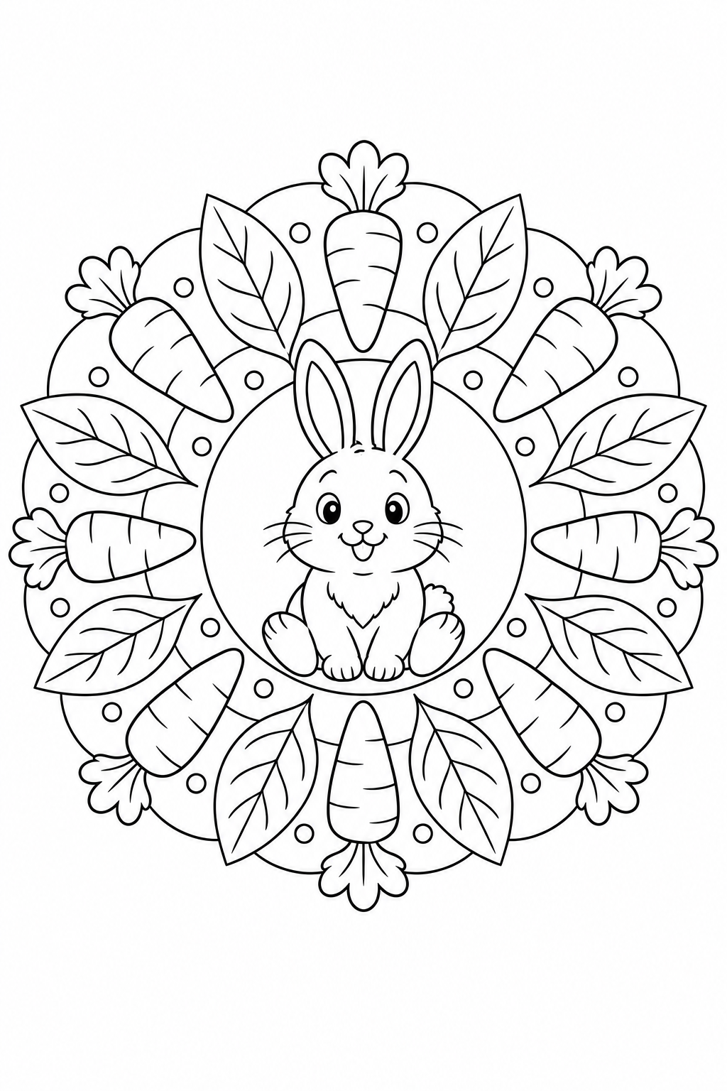 A seated rabbit is surrounded by a repeating circle of carrots and leaves.