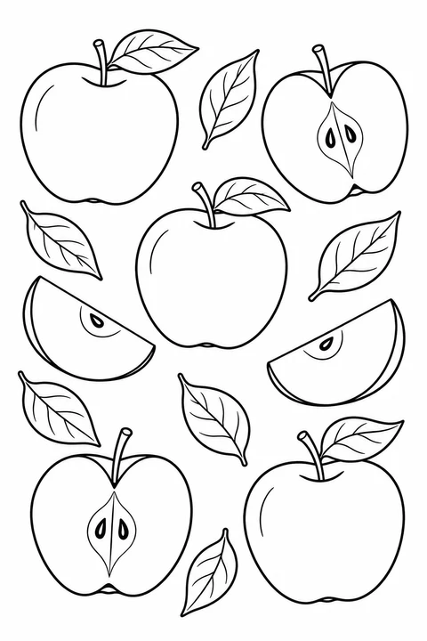 Whole apples, halves, wedges and leaves make a spacious pattern.