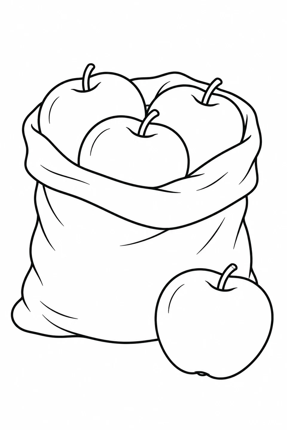 Apples peek out of an open cloth bag, with one apple beside it.