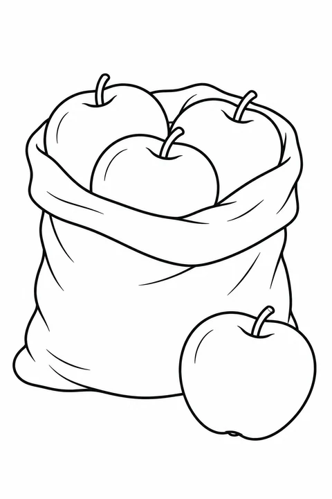 Apples peek out of an open cloth bag, with one apple beside it.