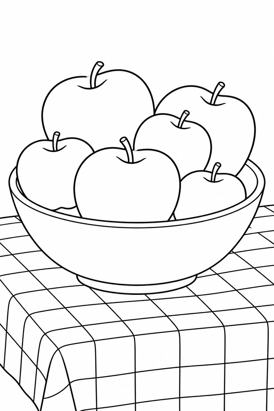 A shallow bowl of apples rests on a checked tablecloth.