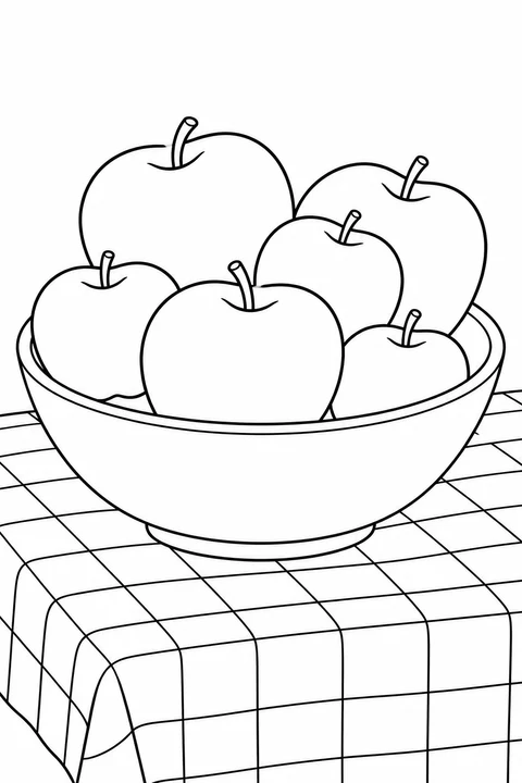 A shallow bowl of apples rests on a checked tablecloth.