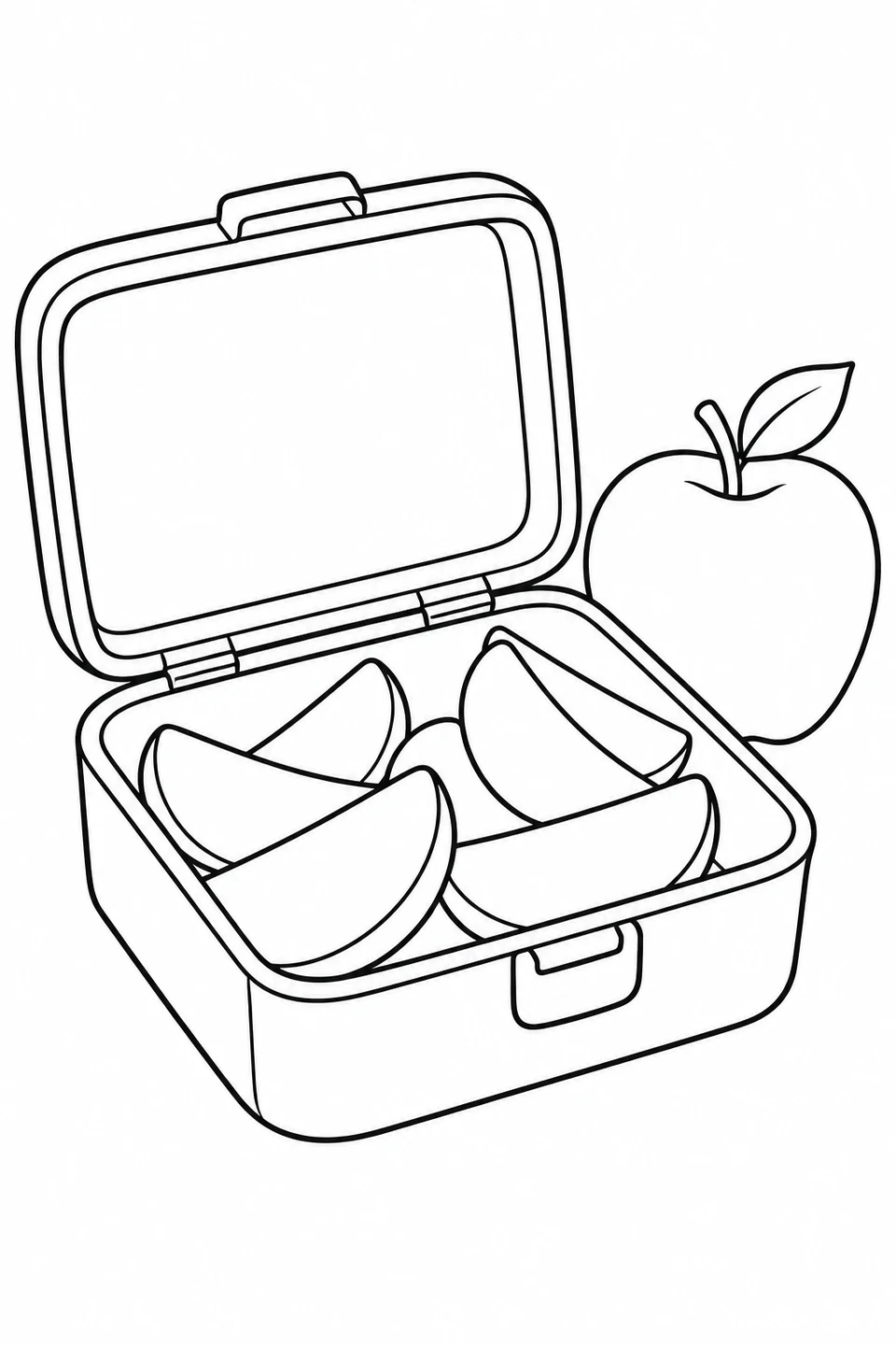 An open lunchbox holds apple wedges, with a whole apple beside it.