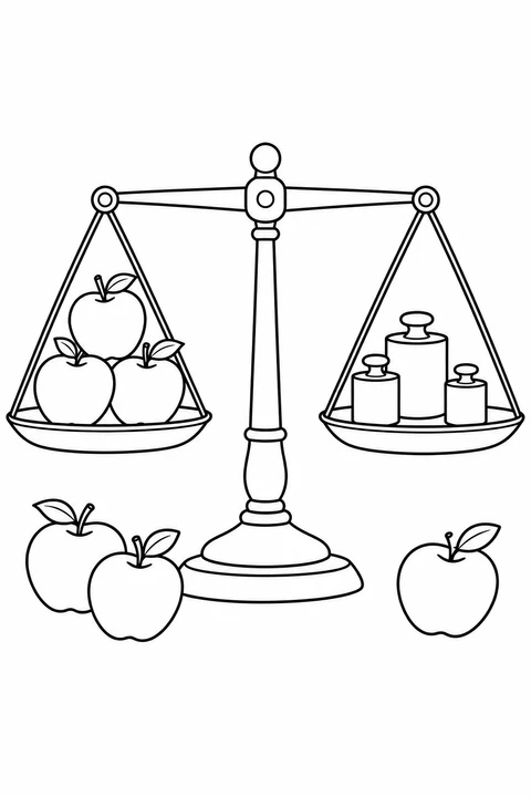 Apples fill one pan of a balance scale, with weights in the other pan.