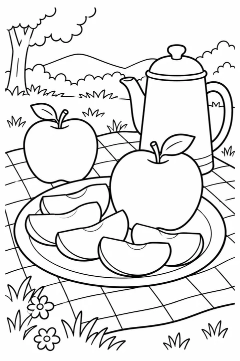Whole apples, apple slices and a jug sit on a picnic blanket.