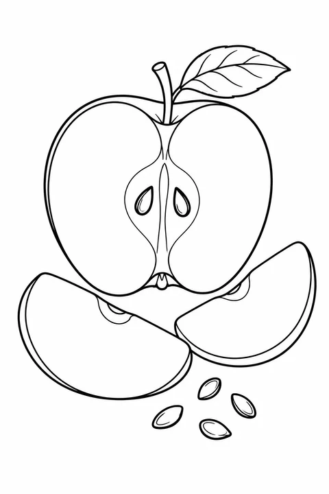 A halved apple, two wedges and loose seeds form a simple still life.