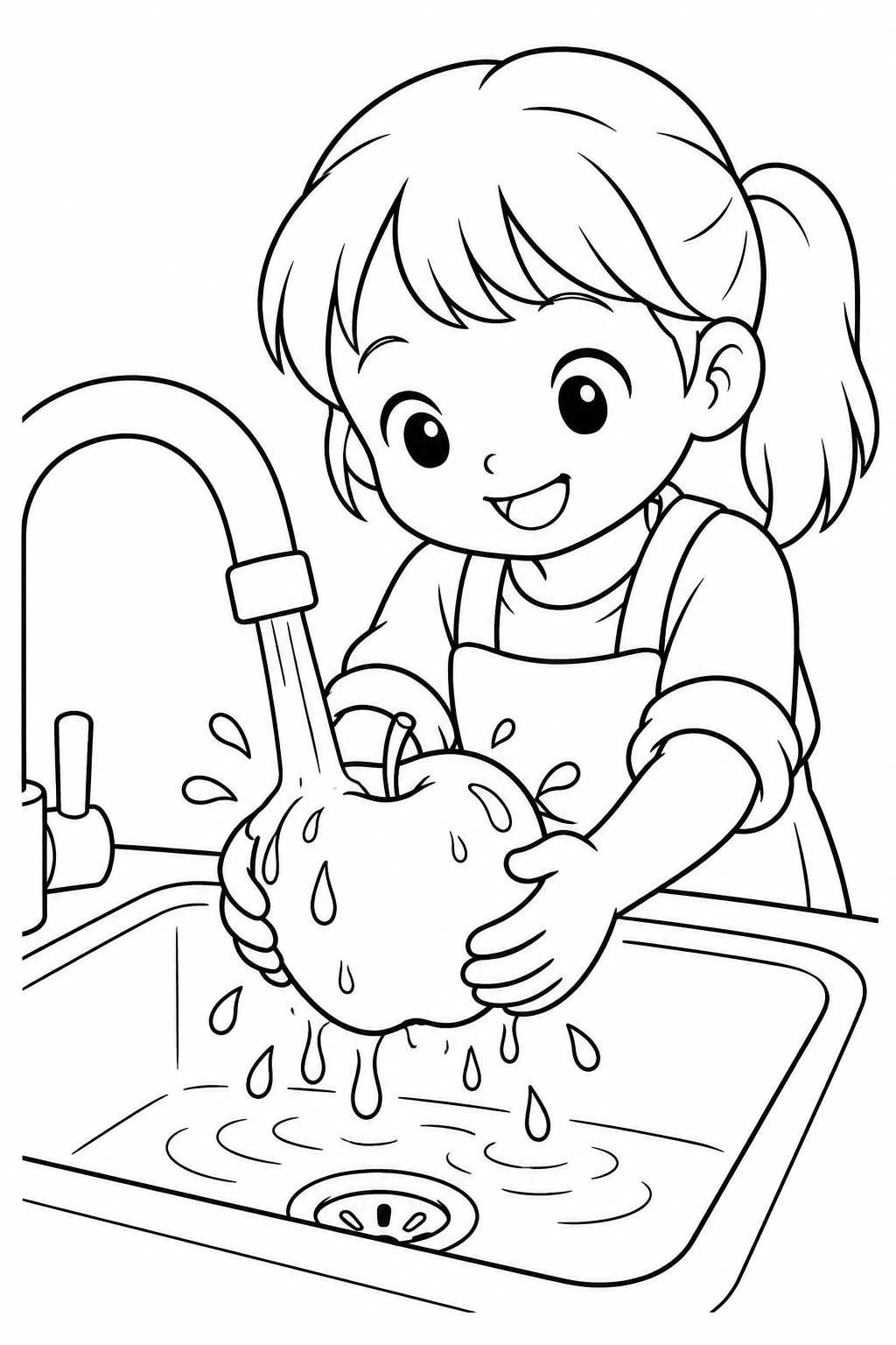 A smiling child with a ponytail and apron holds an apple under a running tap above the sink.