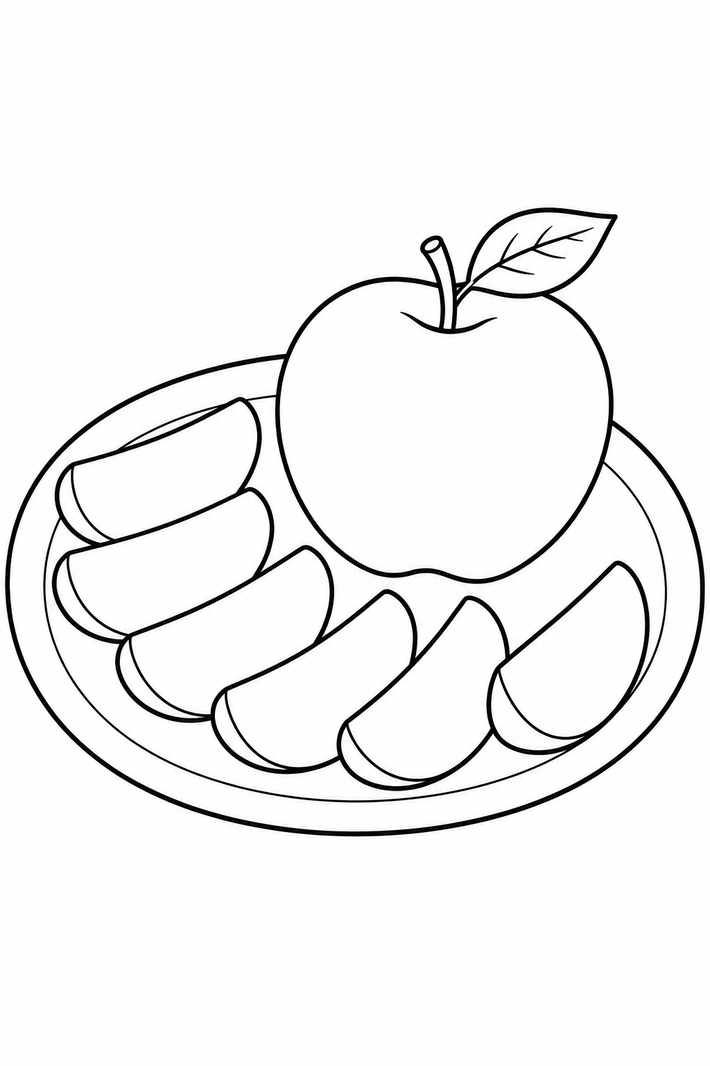 Apple wedges and a whole apple sit on a round plate.