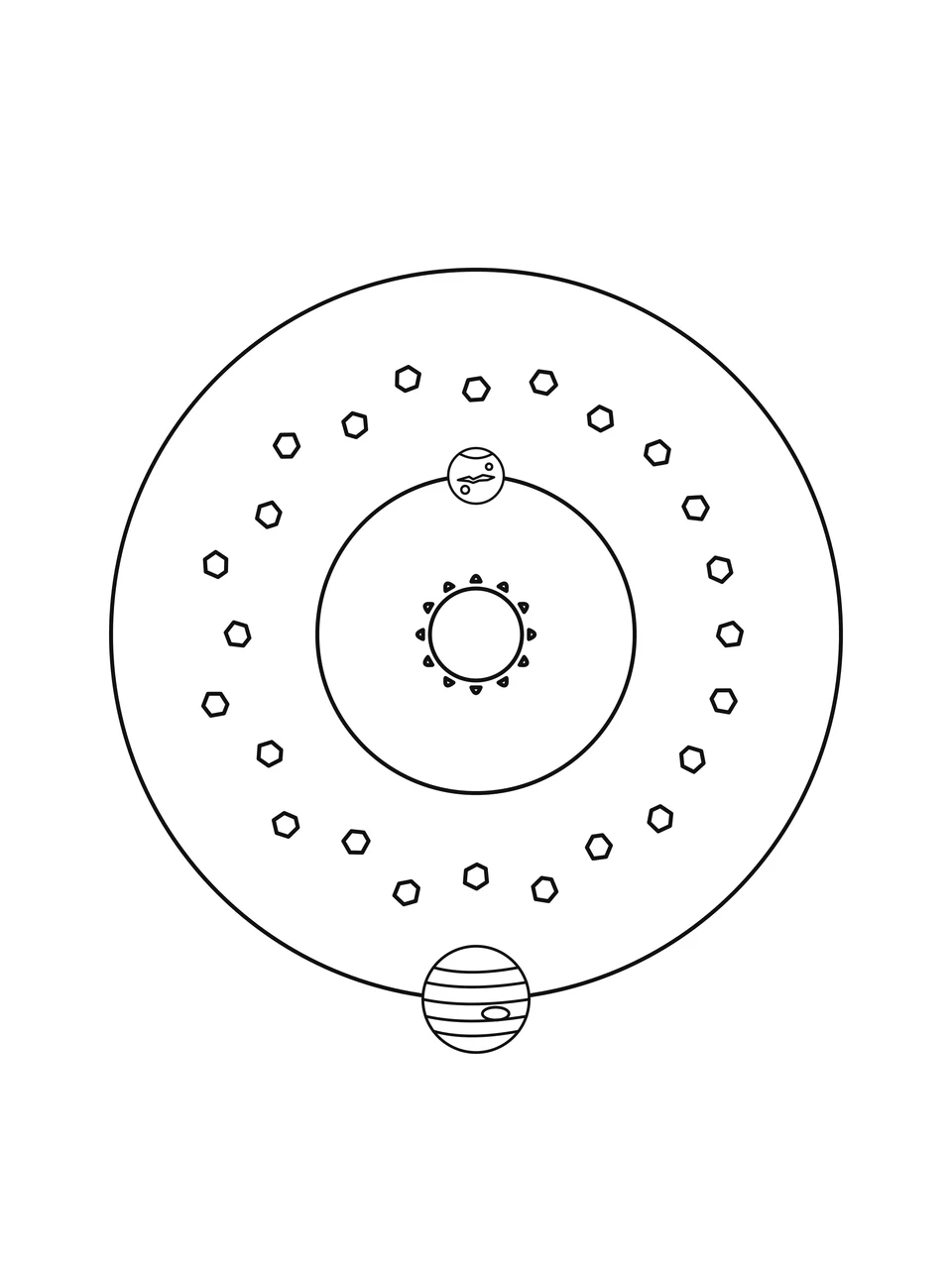 Small asteroid shapes form a loose ring between the orbit guides for Mars and Jupiter.