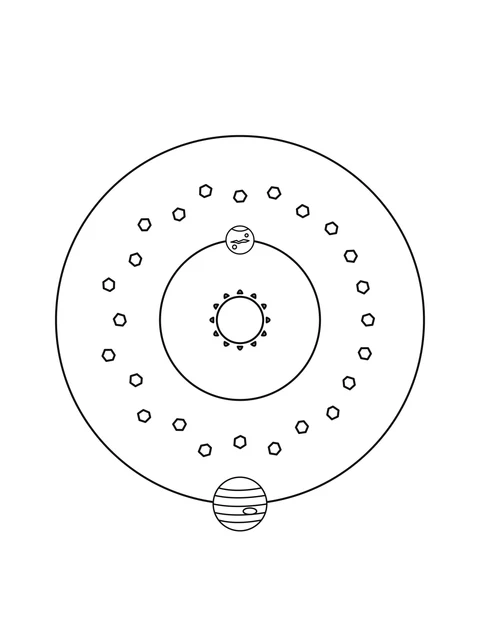 Small asteroid shapes form a loose ring between the orbit guides for Mars and Jupiter.