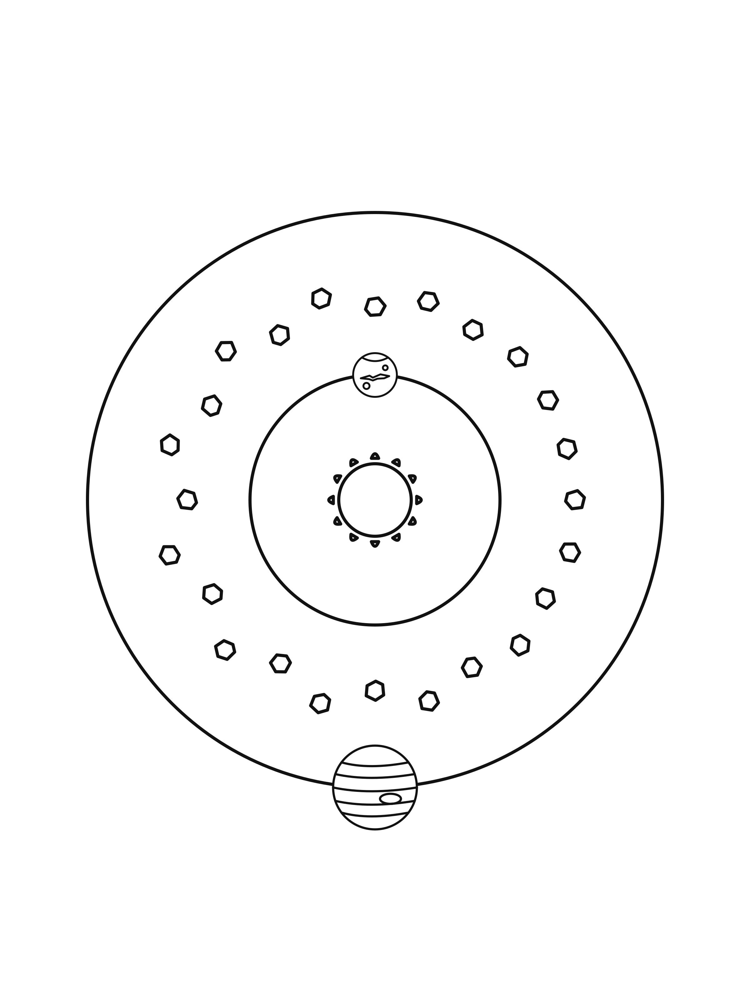 Small asteroid shapes form a loose ring between the orbit guides for Mars and Jupiter.