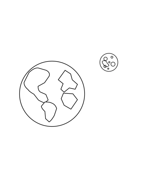 Earth with land outlines and a smaller cratered Moon above and to the right.