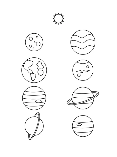 Eight simplified planets in four rows beneath a small Sun symbol.