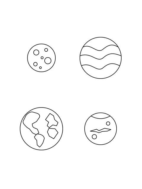 Mercury, Venus, Earth and Mars arranged in two rows, with craters, wavy bands and land outlines.