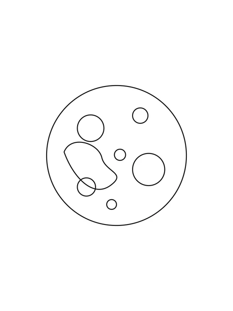 The Moon has six round craters and an irregular lunar sea shape.