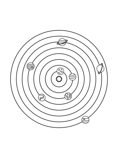 The Sun at the center of eight circular orbit guides, each with a simplified planet.