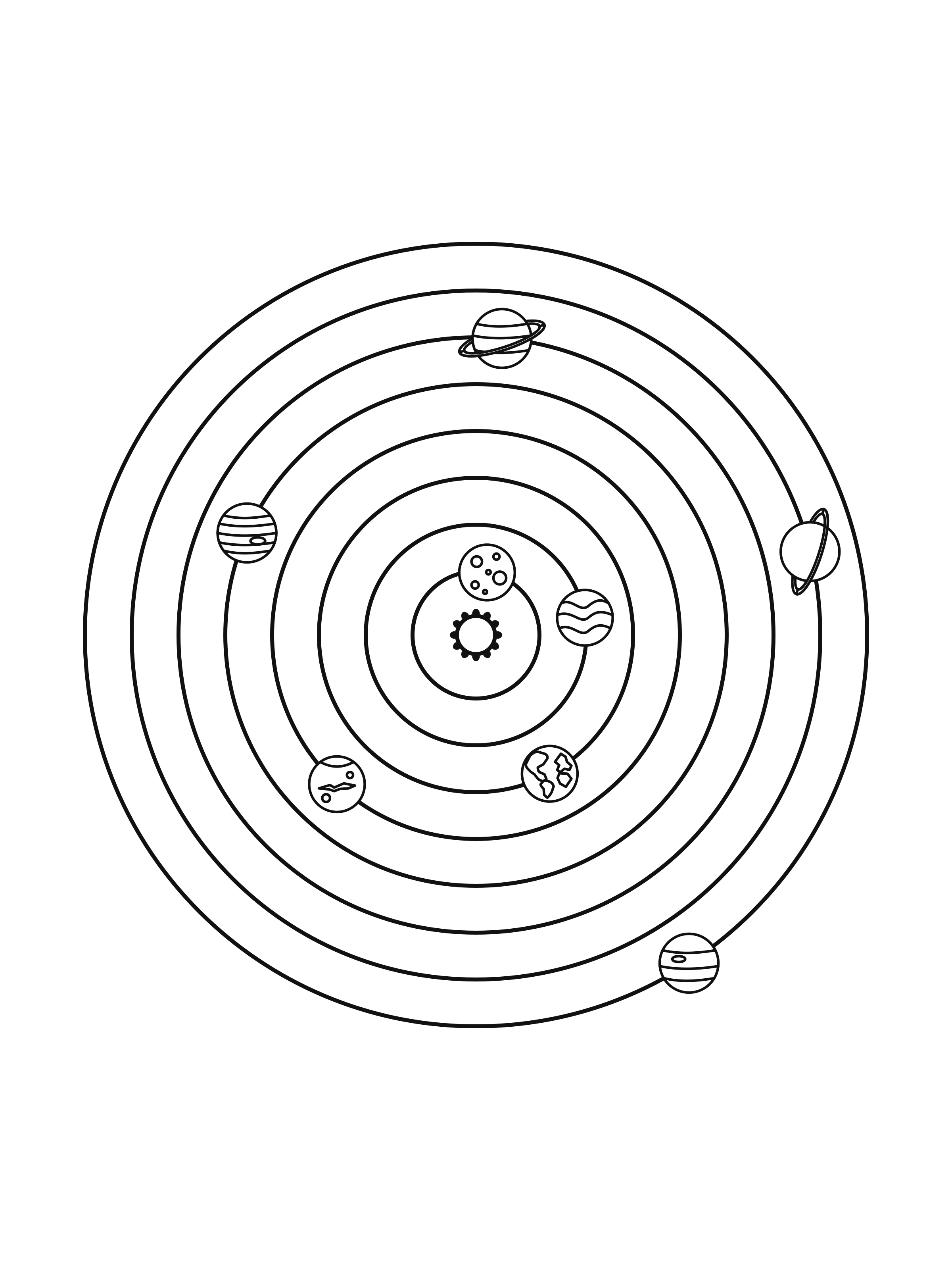 The Sun at the center of eight circular orbit guides, each with a simplified planet.
