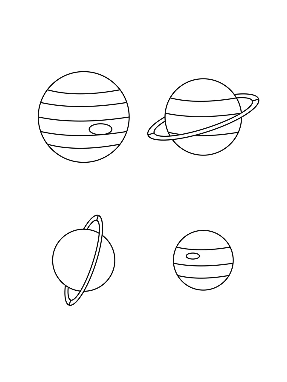 Jupiter, Saturn, Uranus and Neptune in two rows, with bands and differently tilted rings.