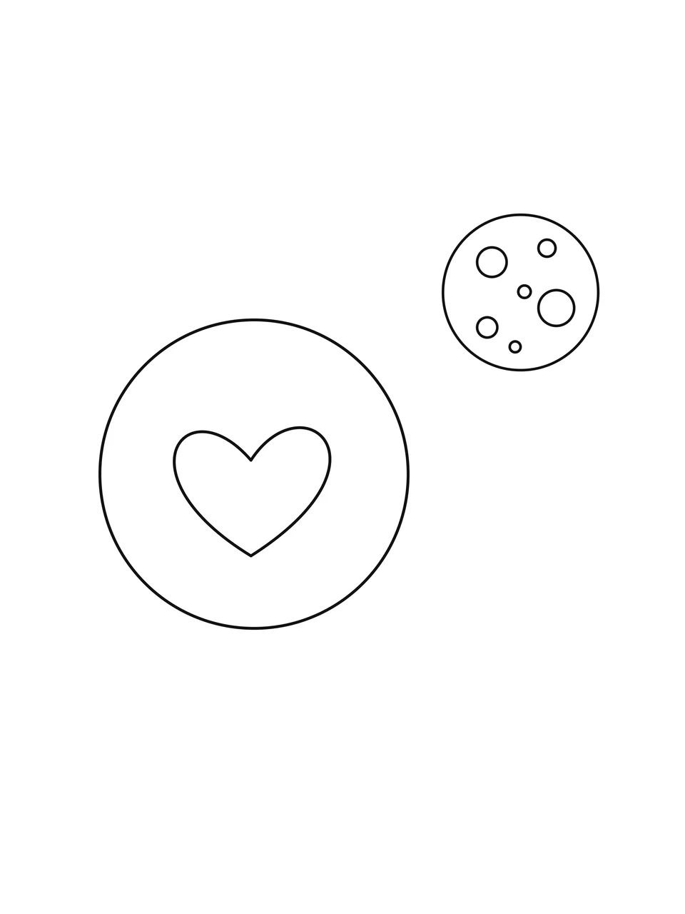 Dwarf planet Pluto has a simplified heart-shaped region and appears beside its smaller moon Charon.