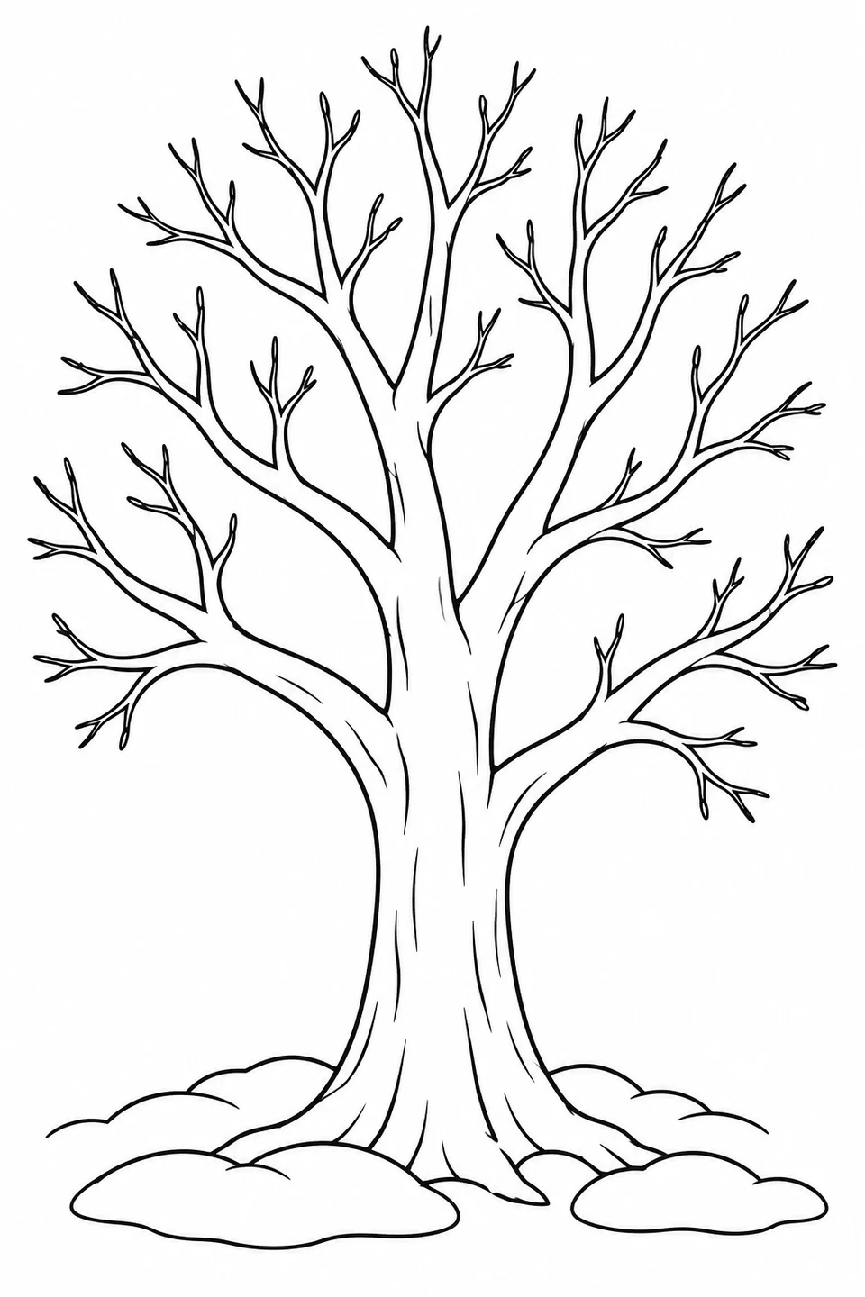 A leafless tree spreads its bare branches above small patches of snow.