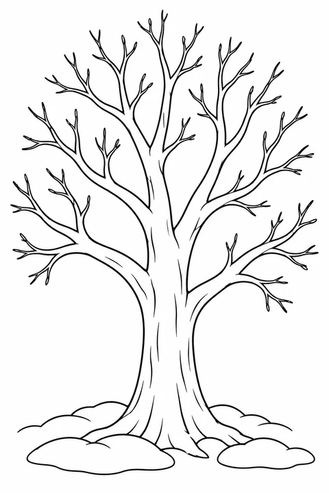 A leafless tree spreads its bare branches above small patches of snow.