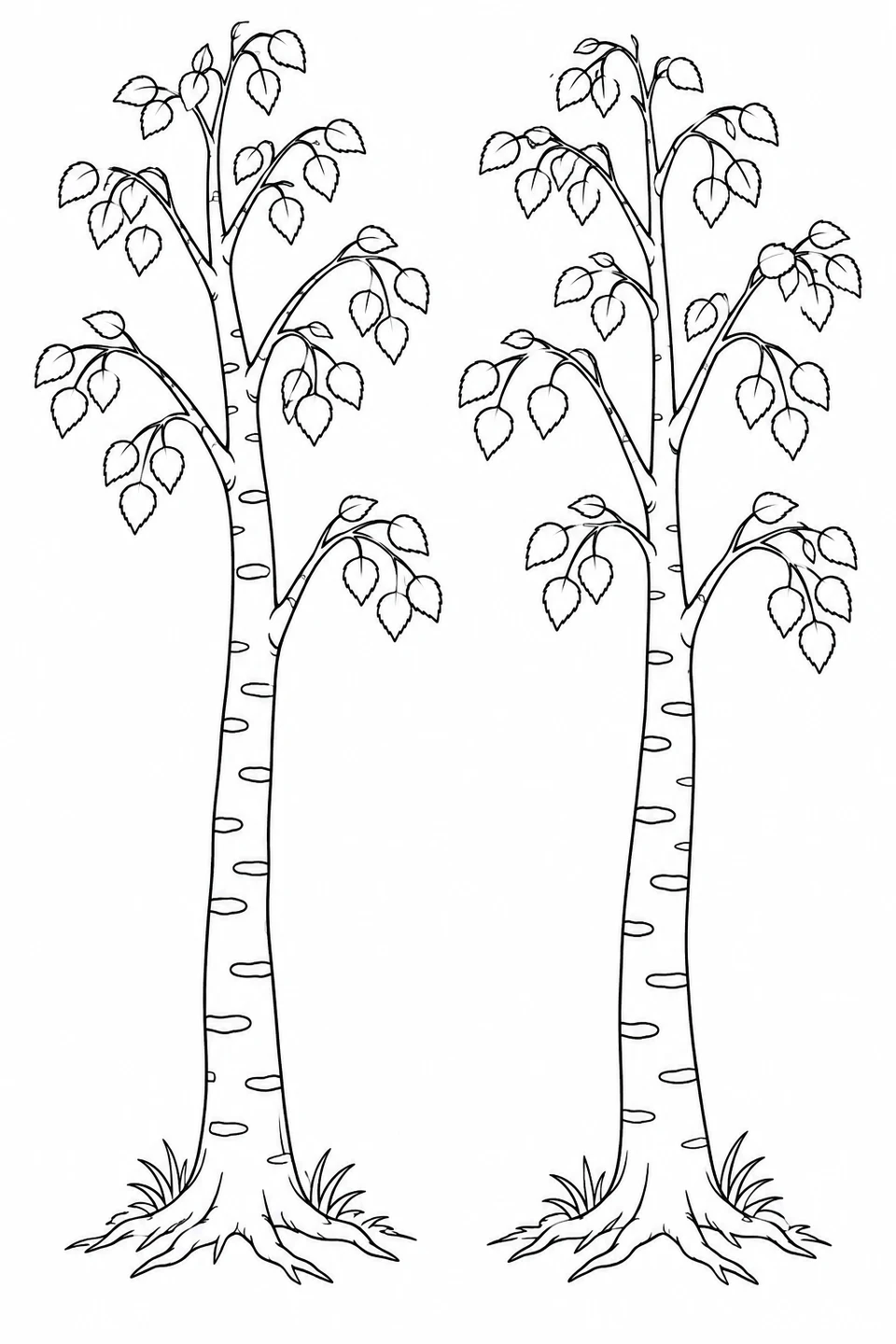 Two slender birch trees have patterned bark and small clusters of leaves.
