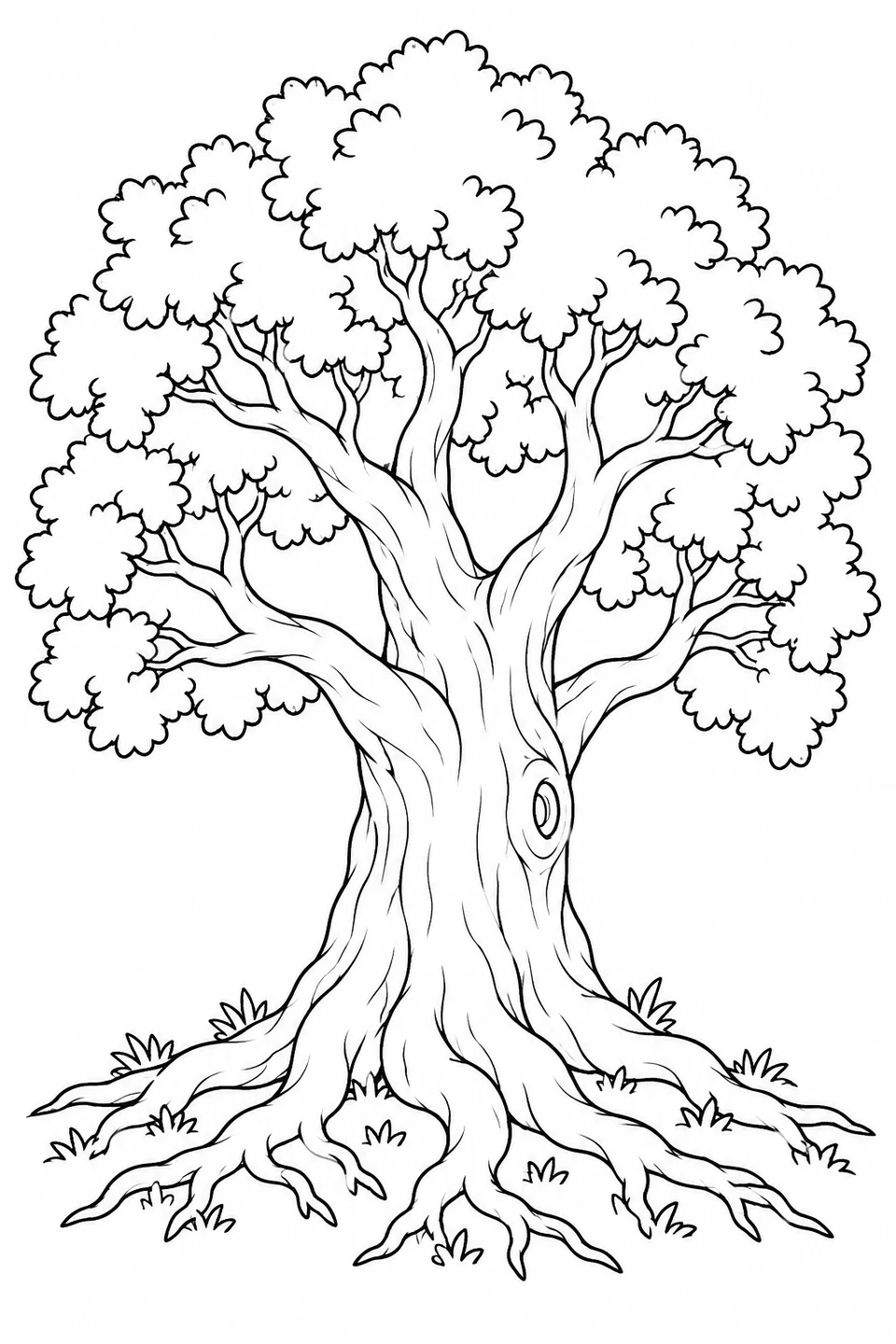 A broad leafy tree has a twisting trunk and large roots spreading across the ground.