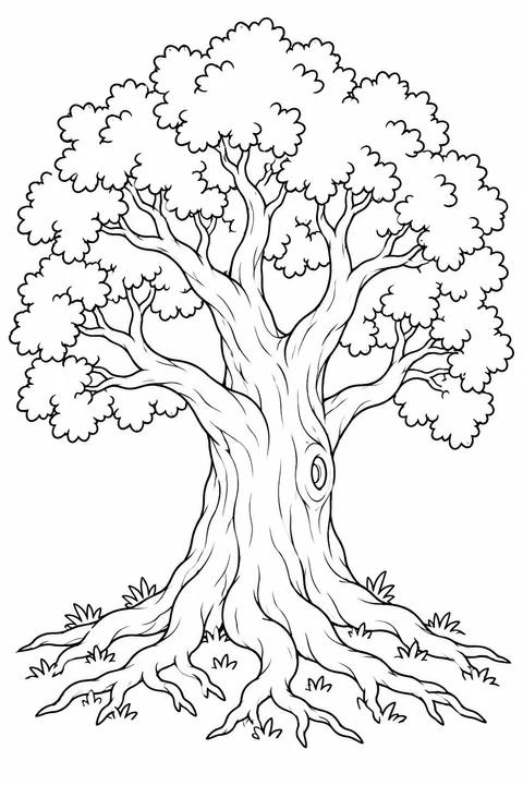 A broad leafy tree has a twisting trunk and large roots spreading across the ground.