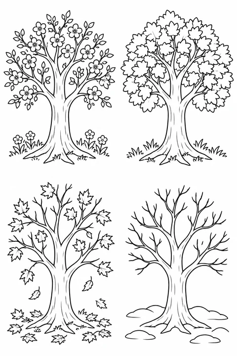 Four tree drawings show blossoms, leafy growth, falling leaves and bare winter branches.