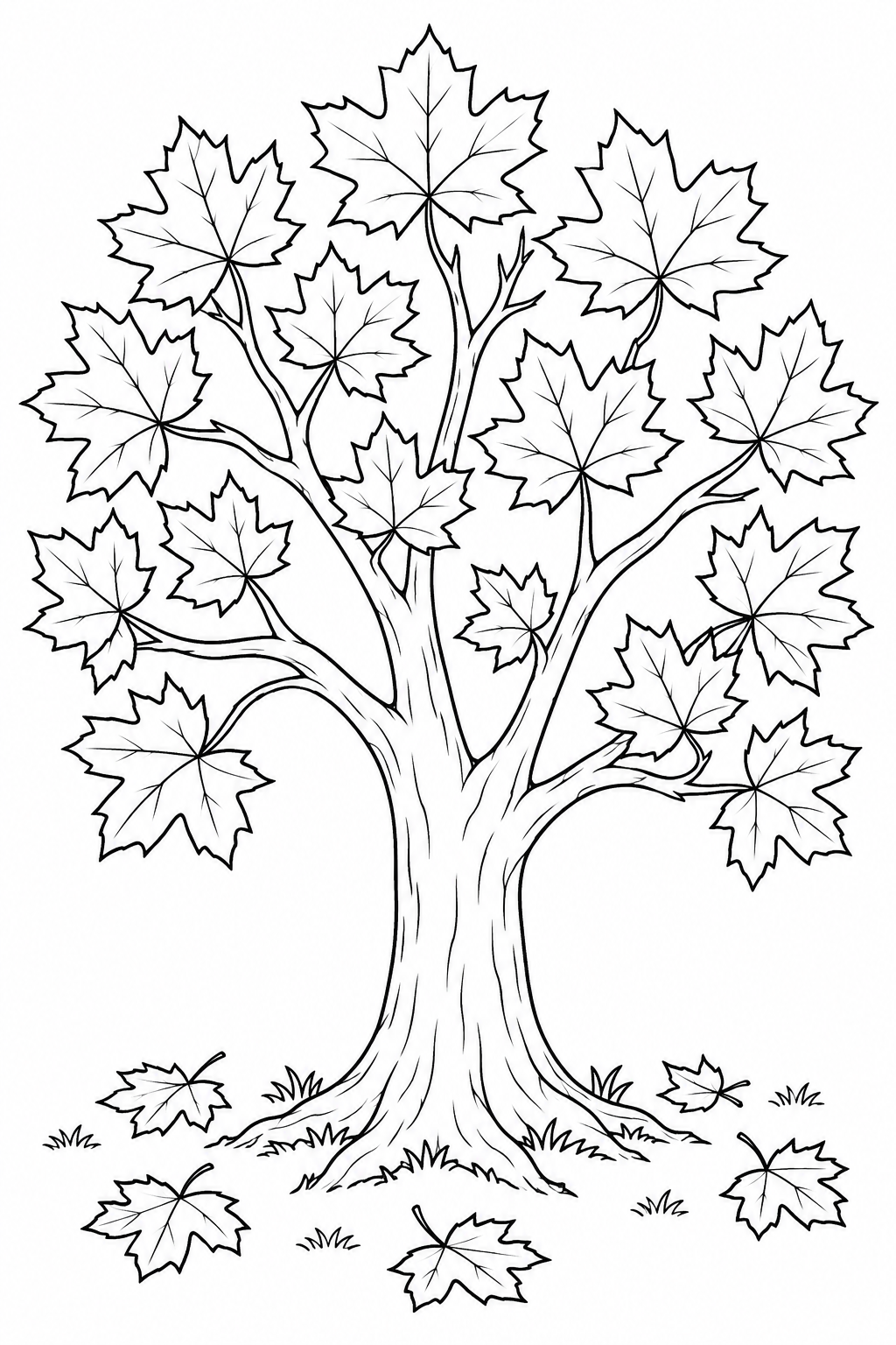 A maple tree has pointed leaves on its branches and fallen leaves around its roots.