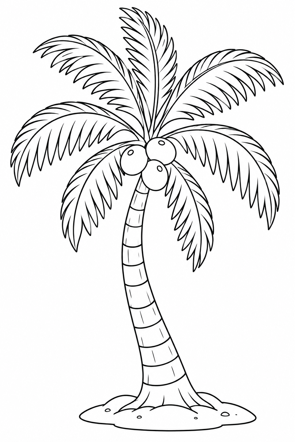 A curved coconut palm spreads its long fronds above a small sandy mound.