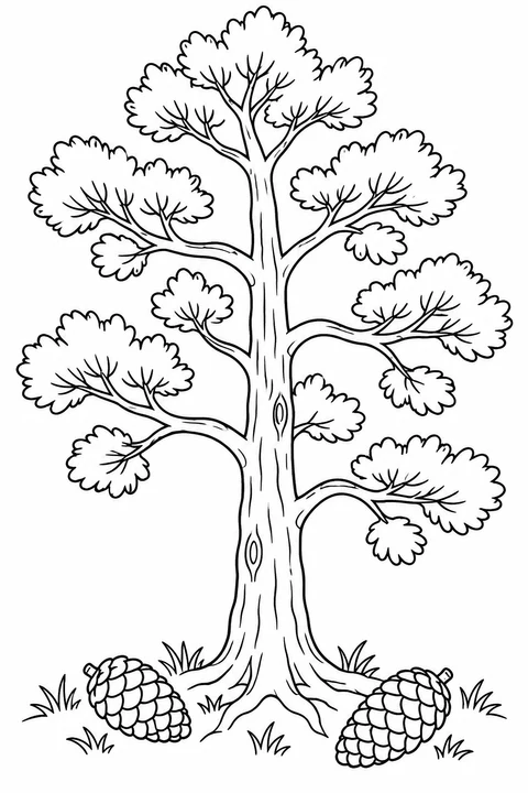 A stylized pine has an open branching trunk, rounded foliage and two cones below.