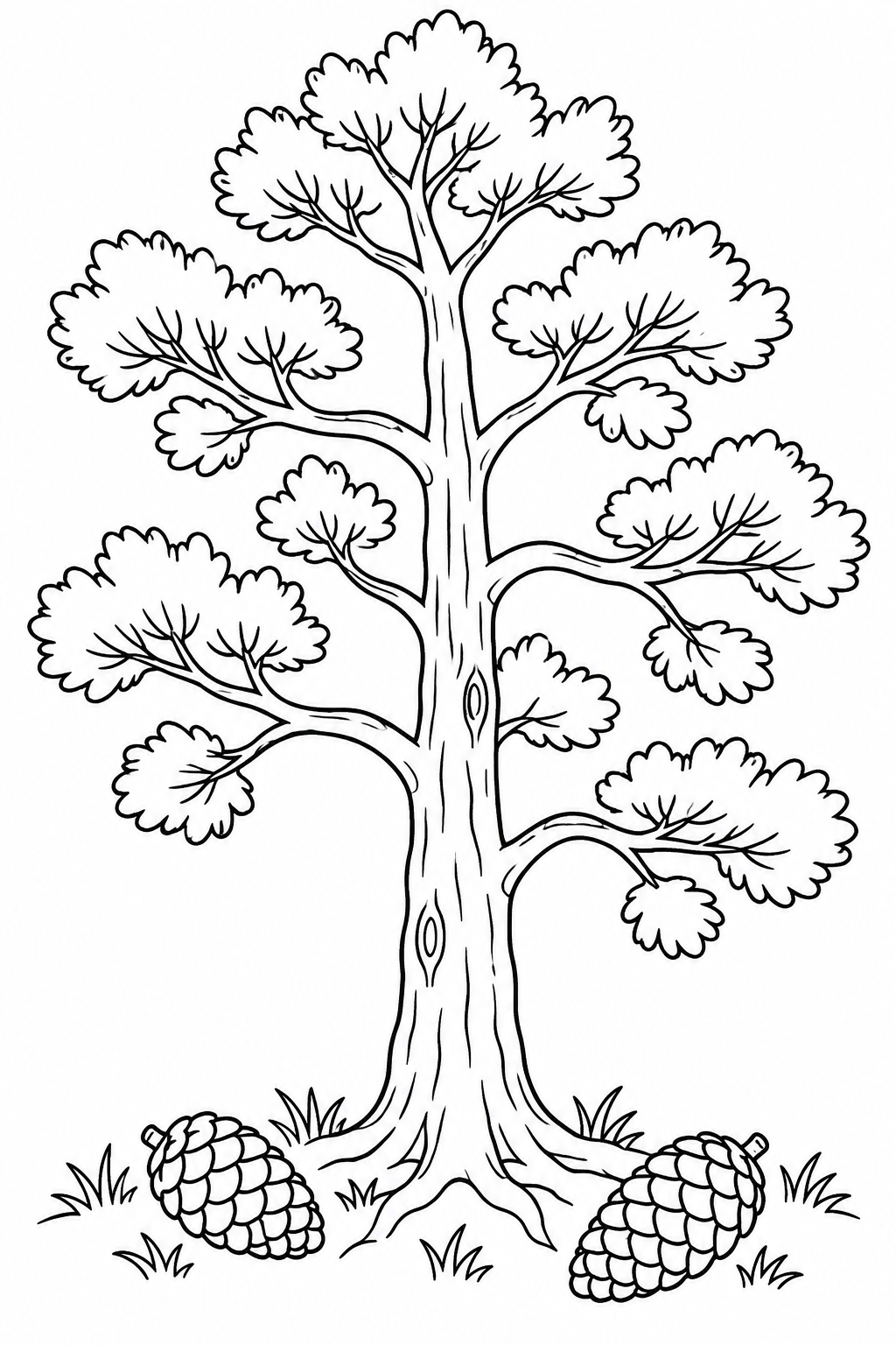 A stylized pine has an open branching trunk, rounded foliage and two cones below.