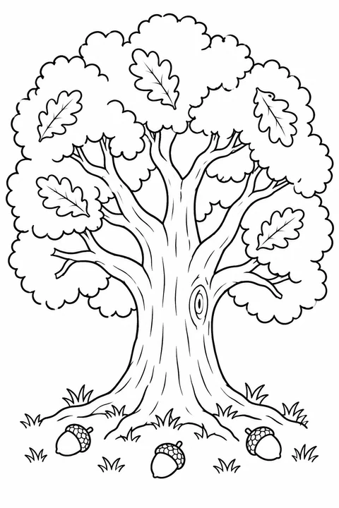 A broad oak tree has a branching trunk, large lobed leaves and acorns on the ground.