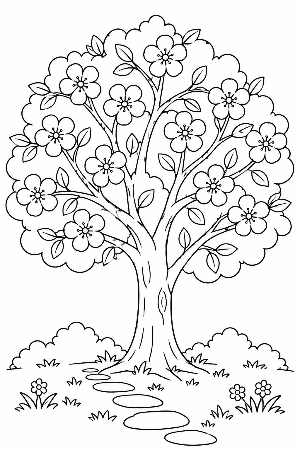 Large flowers fill a rounded tree canopy above a short stepping-stone path.