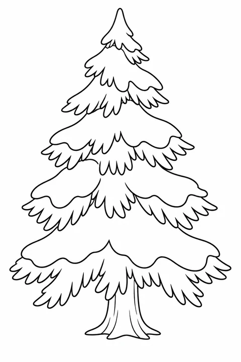 A spruce tree has broad layered branches and a short visible trunk.
