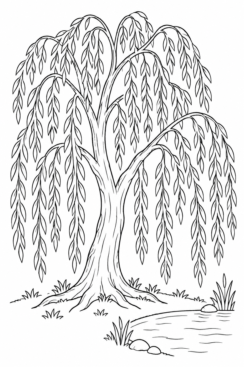 Long leafy branches hang from a willow beside a small pond.