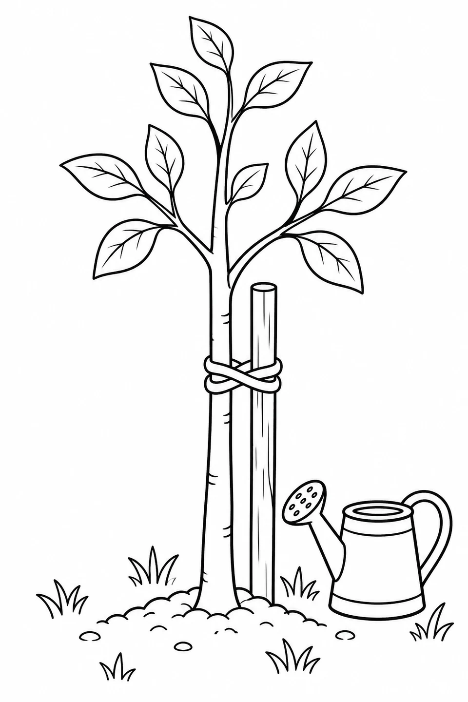 A leafy sapling is tied to a support stake, with a watering can nearby.