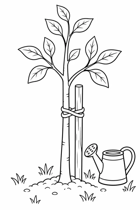 A leafy sapling is tied to a support stake, with a watering can nearby.