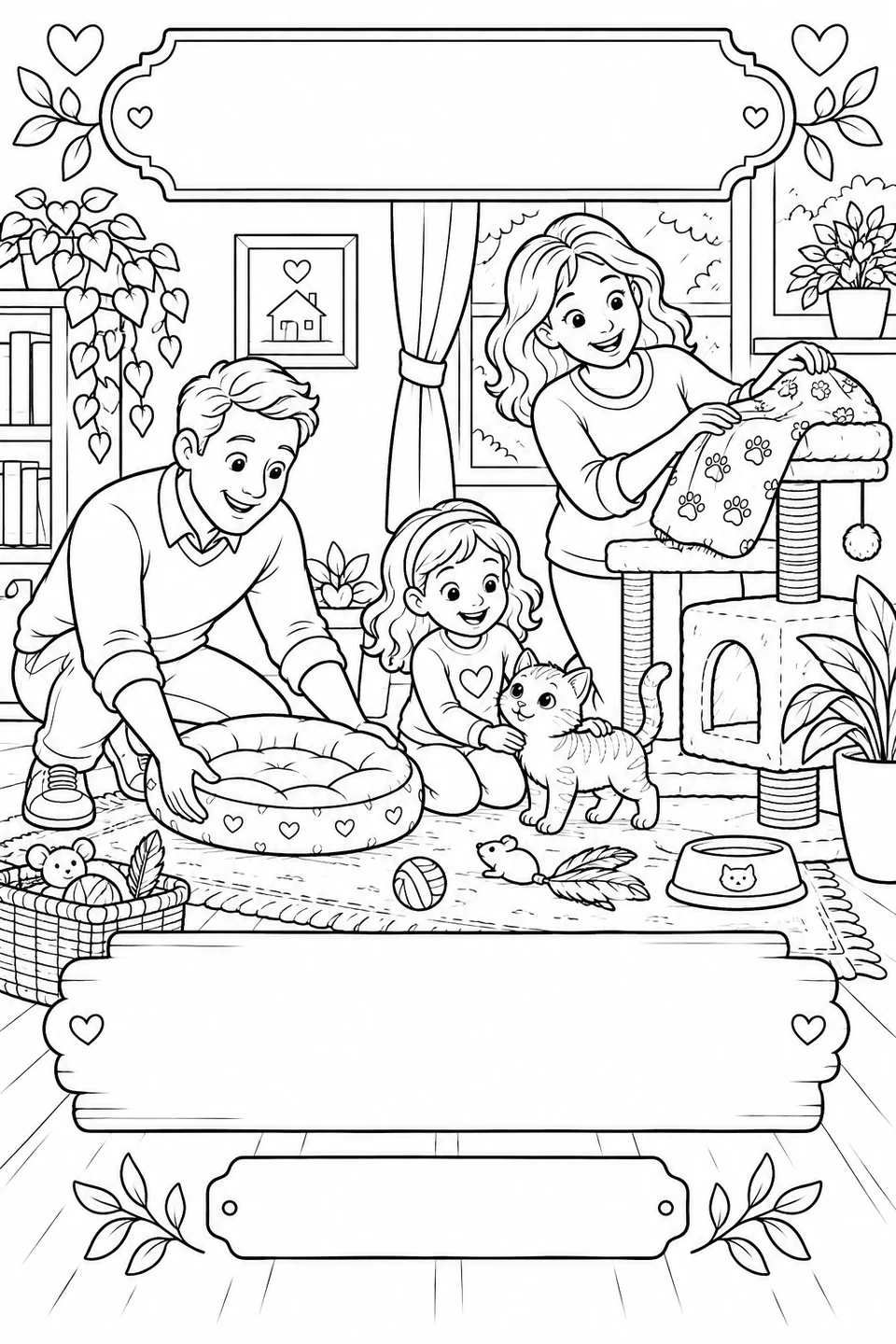 Black-and-white coloring card: A new kitten joins the family, with three blank writing areas.
