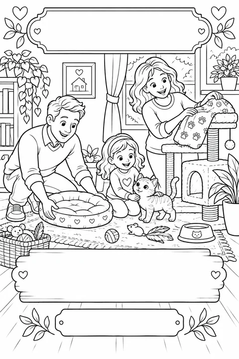 Black-and-white coloring card: A new kitten joins the family, with three blank writing areas.