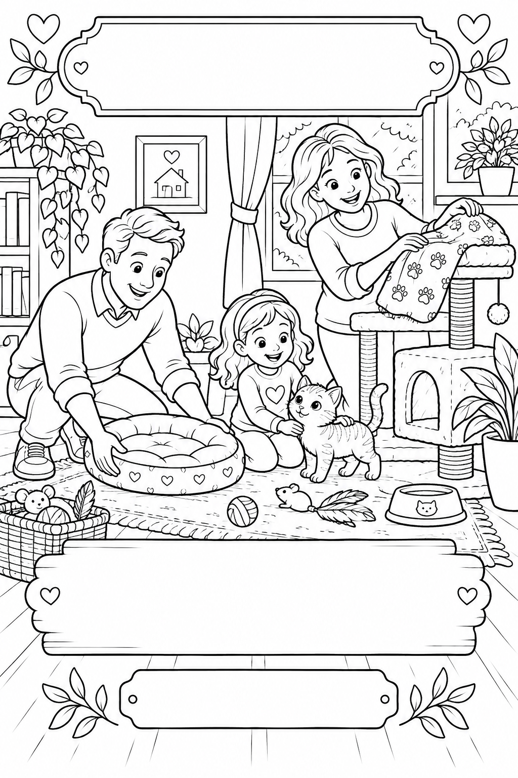 Black-and-white coloring card: A new kitten joins the family, with three blank writing areas.