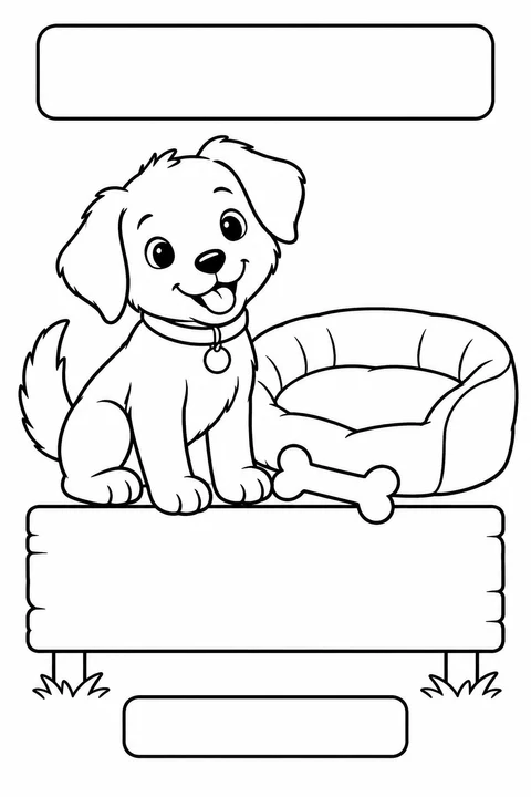 Black-and-white coloring card: Welcome home, little puppy, with three blank writing areas.