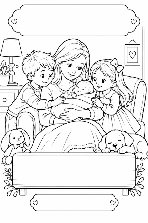 Black-and-white coloring card: Welcoming a new baby, with three blank writing areas.