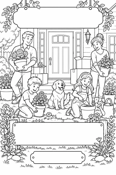 Black-and-white coloring card: Planting our new garden, with three blank writing areas.